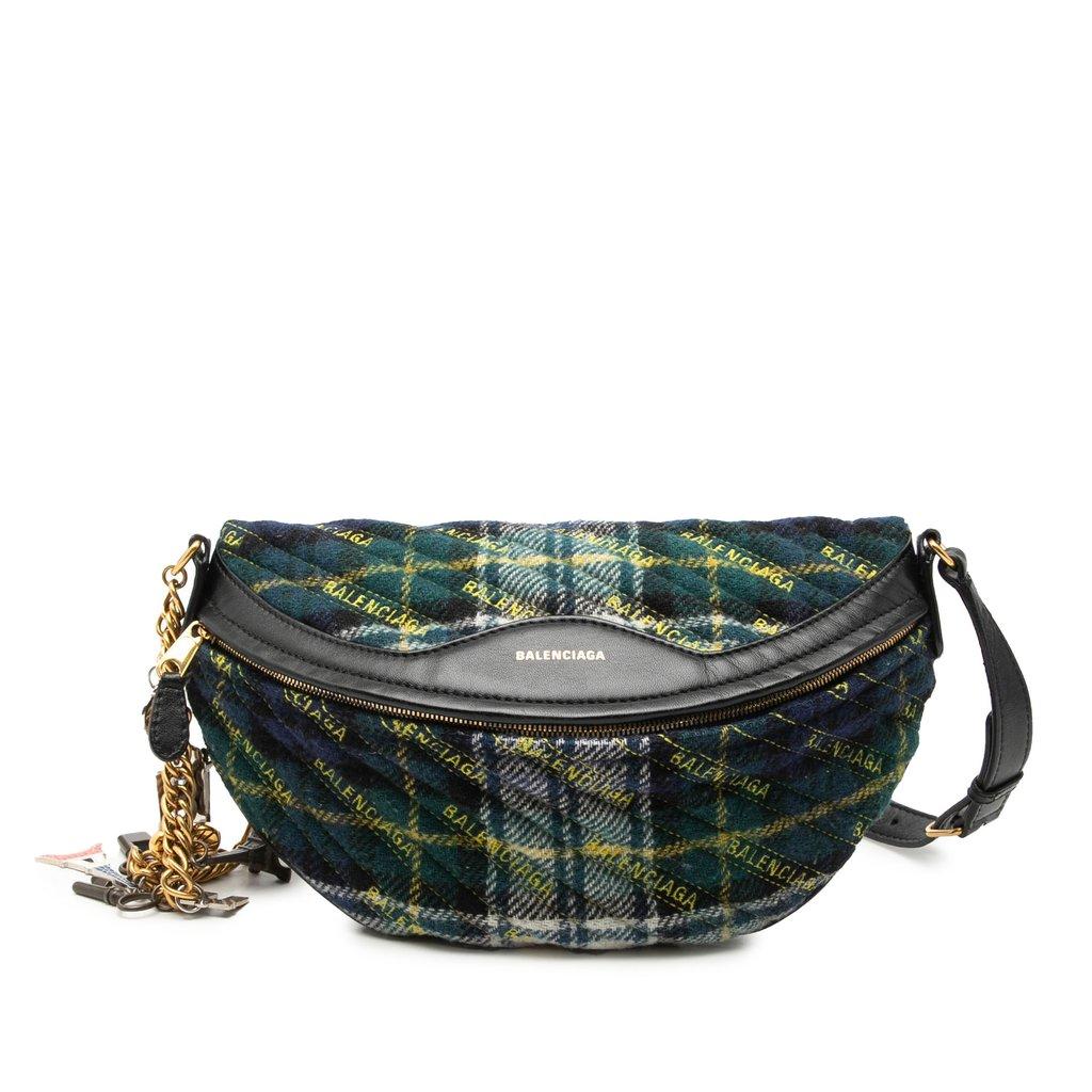 Balenciaga Diagonal Quilted Wool Allover Logo Souvenir Belt Bag XS