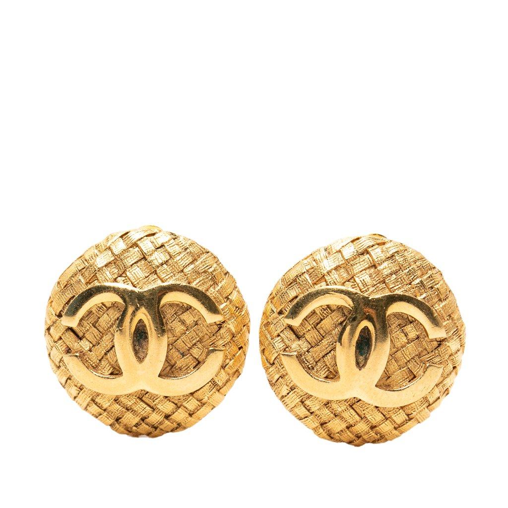 Chanel CC Gold Plated Textured Round Clip On Earrings
