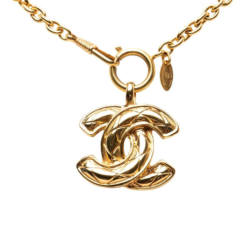 Chanel CC Gold Plated Quilted Pendant Necklace