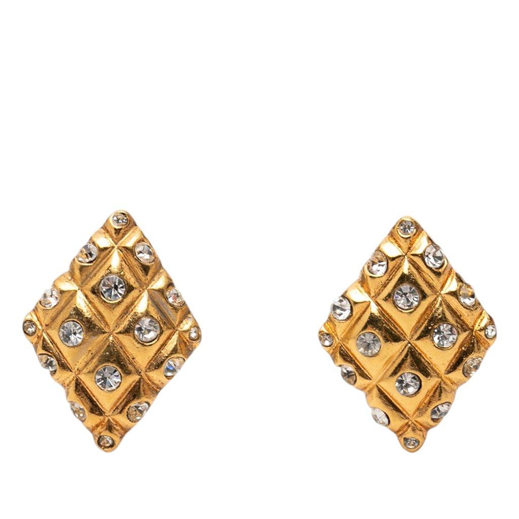 Chanel CC Gold Plated Strass Quilted Rhombus Clip On Earrings