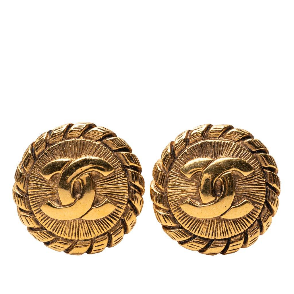 Chanel CC Gold Plated Sunburst Round Clip On Earrings