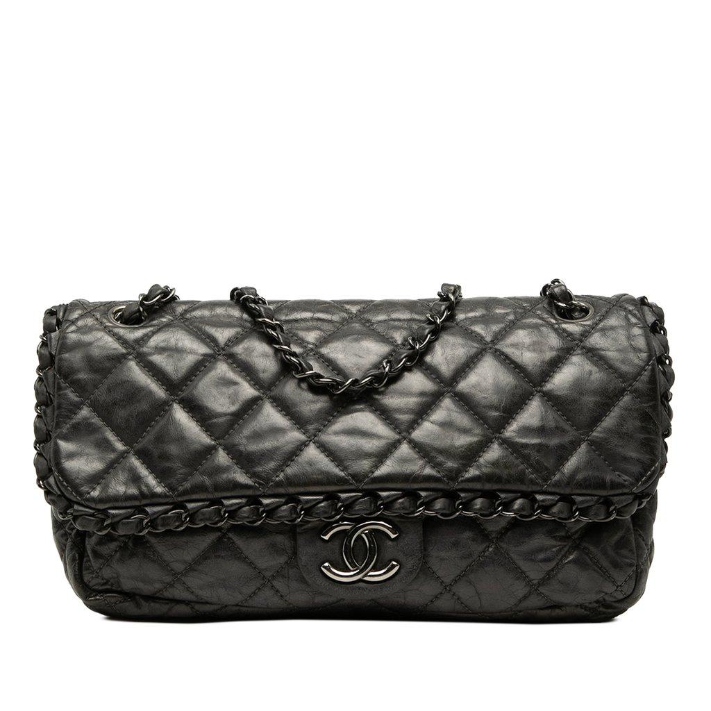 Chanel حقيبة متوسطة الحجم مبطنة من جلد العجل المعدني العتيق بسلسلة وغطاء