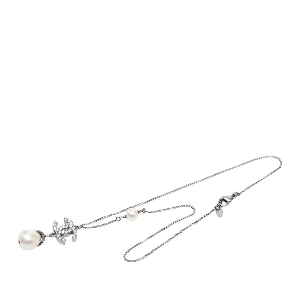 Chanel CC Brass Strass Faux Pearl Pendant Necklace