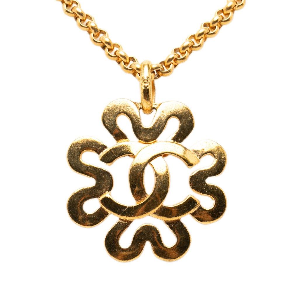 Chanel CC Gold Plated Flower Pendant Necklace