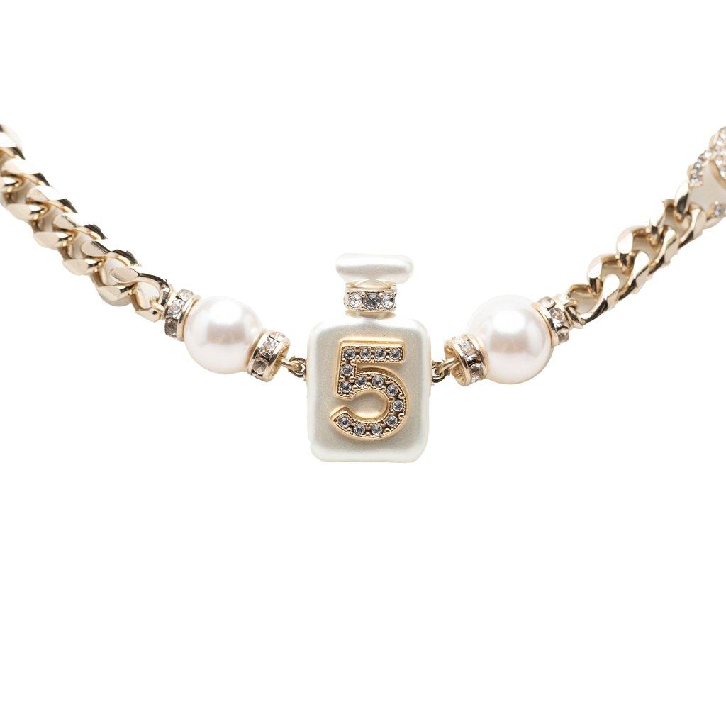 Chanel CC Gold Plated Faux Pearl Strass No 5 Perfume Bottle Pendant Necklace