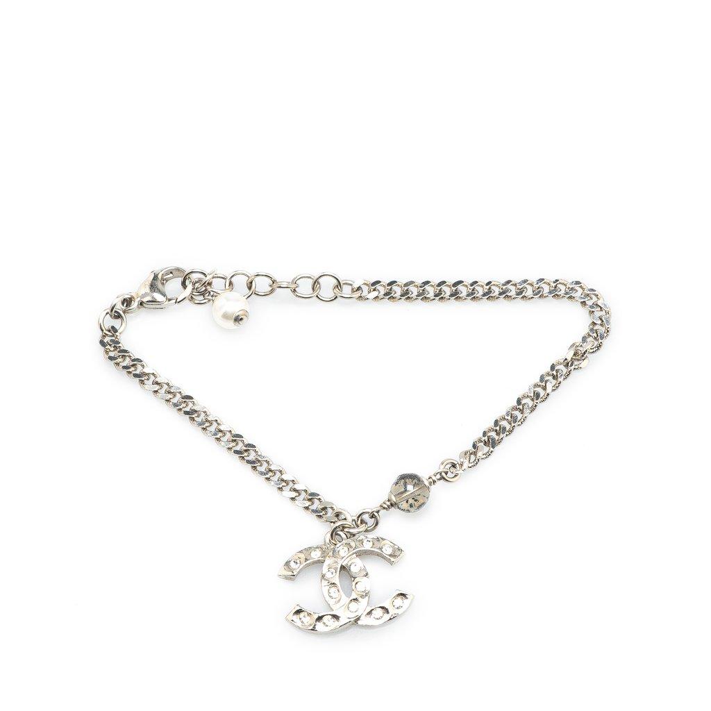 Chanel Silver CC Rhinestones Charms Bracelet