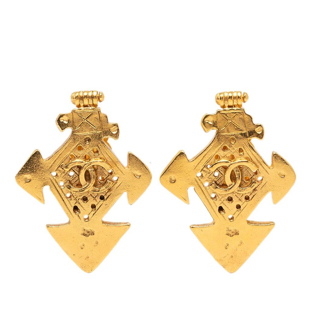 Chanel CC Gold Plated Cross Clip On Earrings