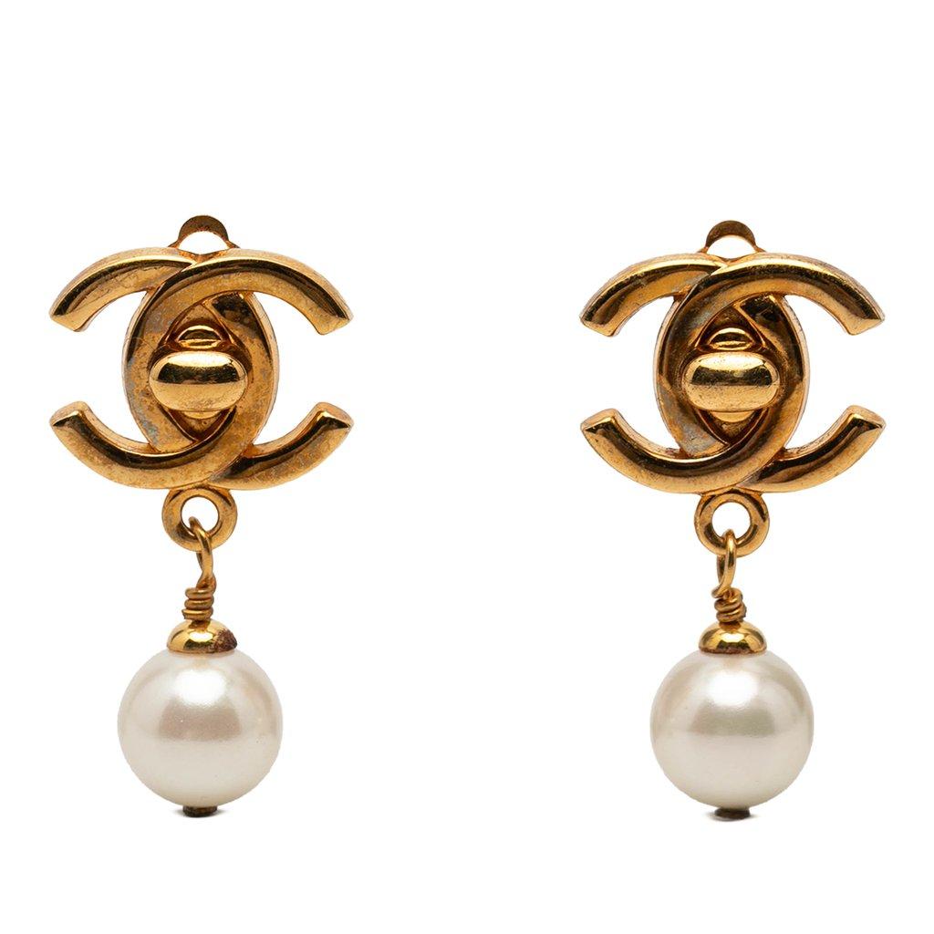 Chanel CC Gold Plated Turnlock Faux Pearl Drop Clip On Earrings