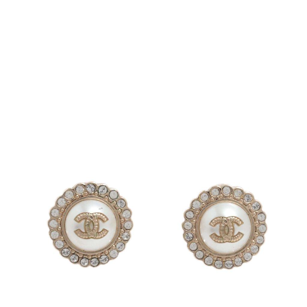 Chanel CC Gold Plated Faux Pearl Strass Bullet Back Earrings