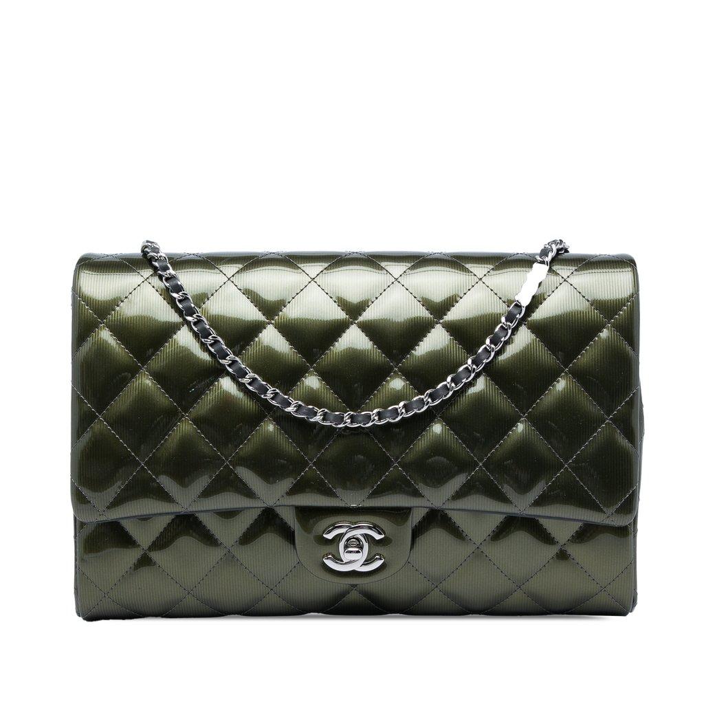 Chanel Quilted Striated Metallic Patent Clutch with Chain