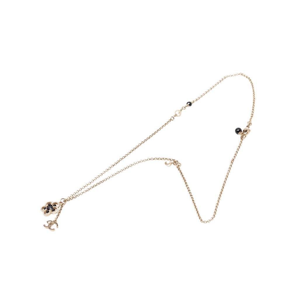 Chanel CC Gold Plated Strass Faux Pearl Flower Pendant Necklace