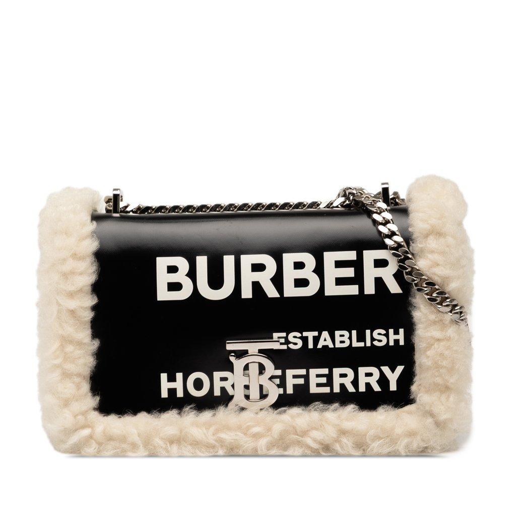 Burberry حقيبة كروس صغيرة من قماش الكانفاس المطلي مزينة بفرو الشيرلينغ، طراز لولا.