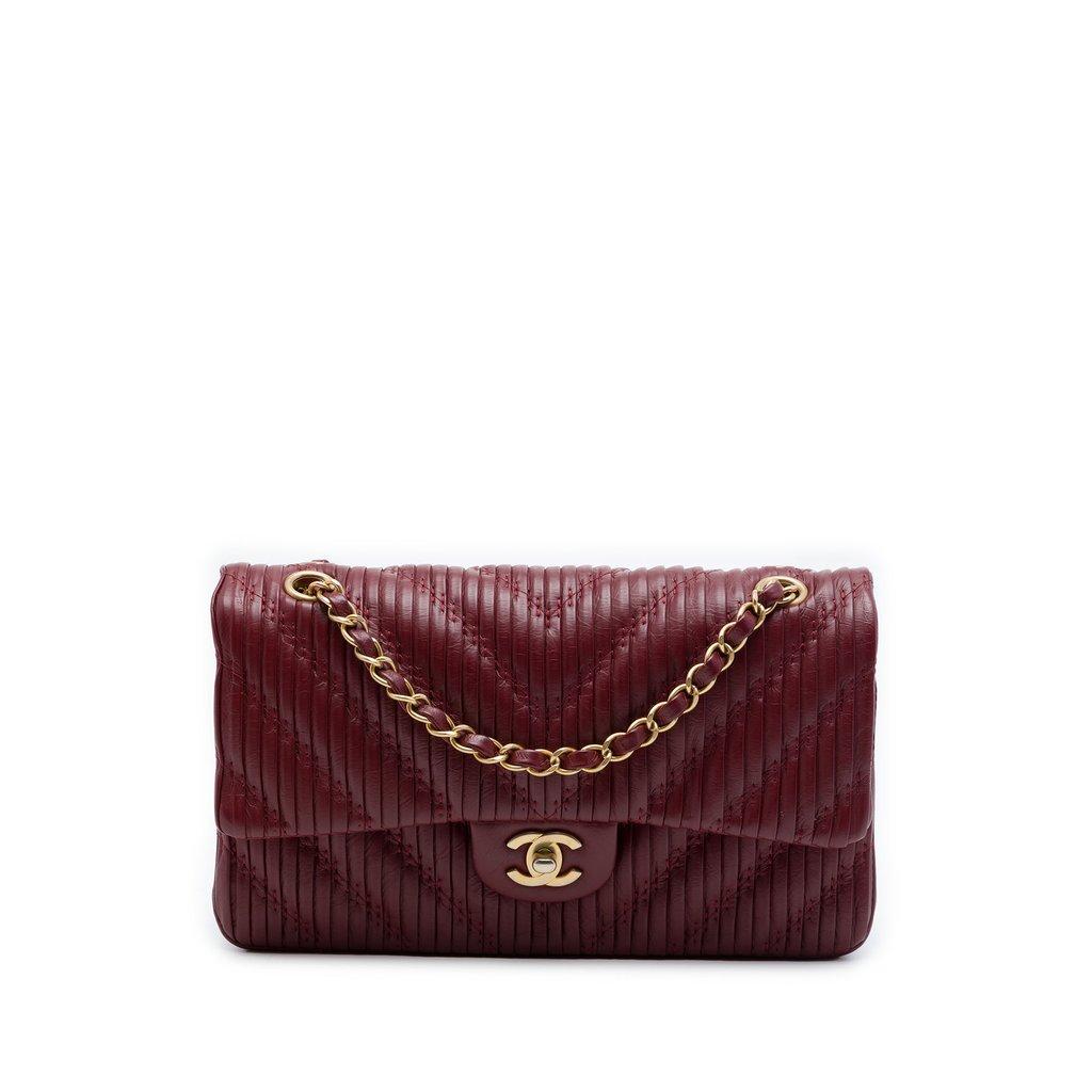 Chanel Medium Classic Chevron Calfskin Pleated Double Flap