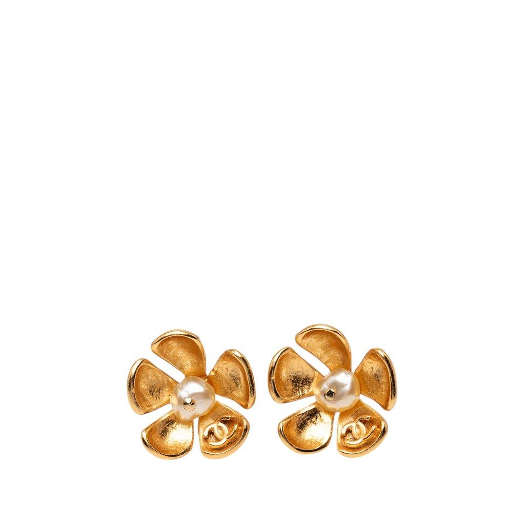Chanel CC Gold Plated Faux Pearl Flower Bullet Back Earrings