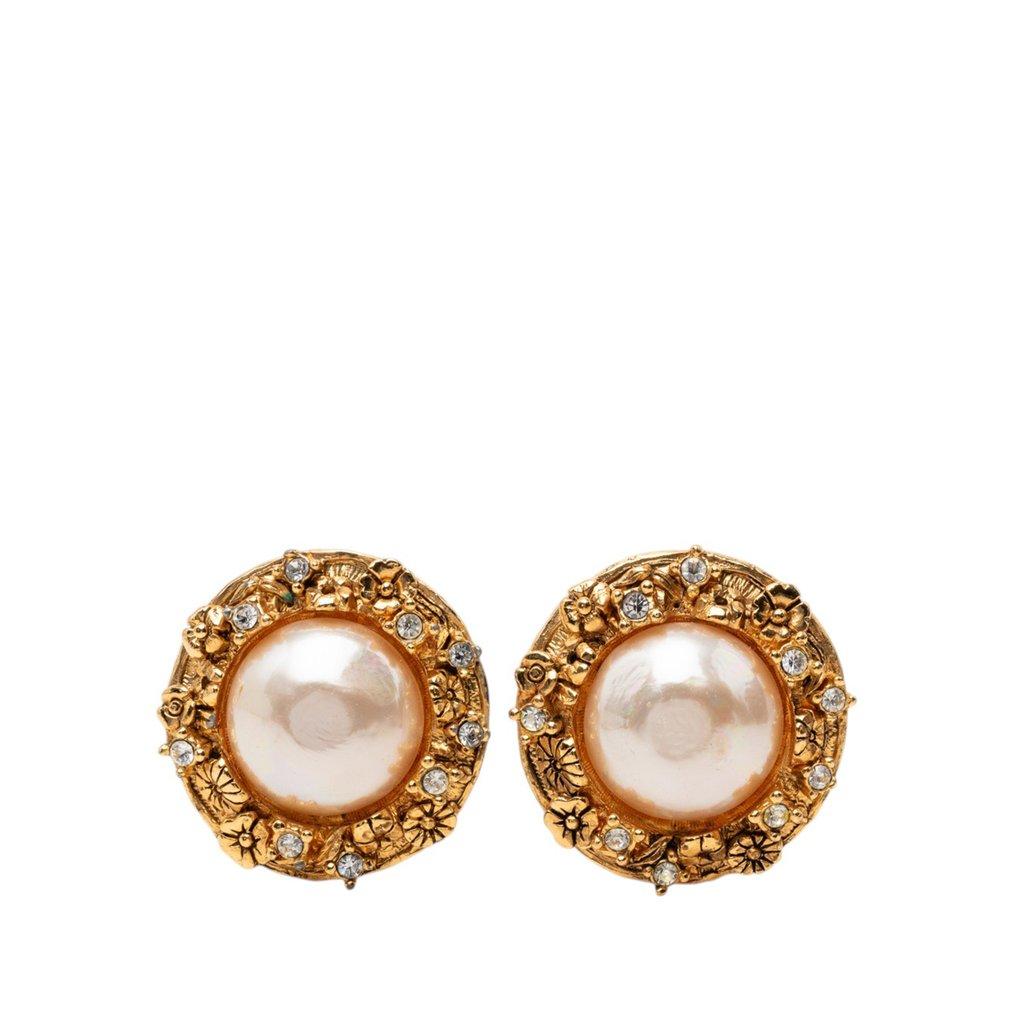 Chanel Gold Plated Strass and Faux Pearl Camellia Clip On Earrings