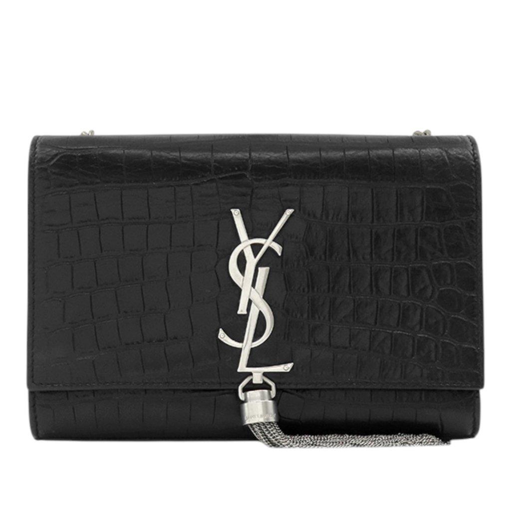 Saint Laurent Small Croc Embossed Leather Monogram Kate Tassel Crossbody