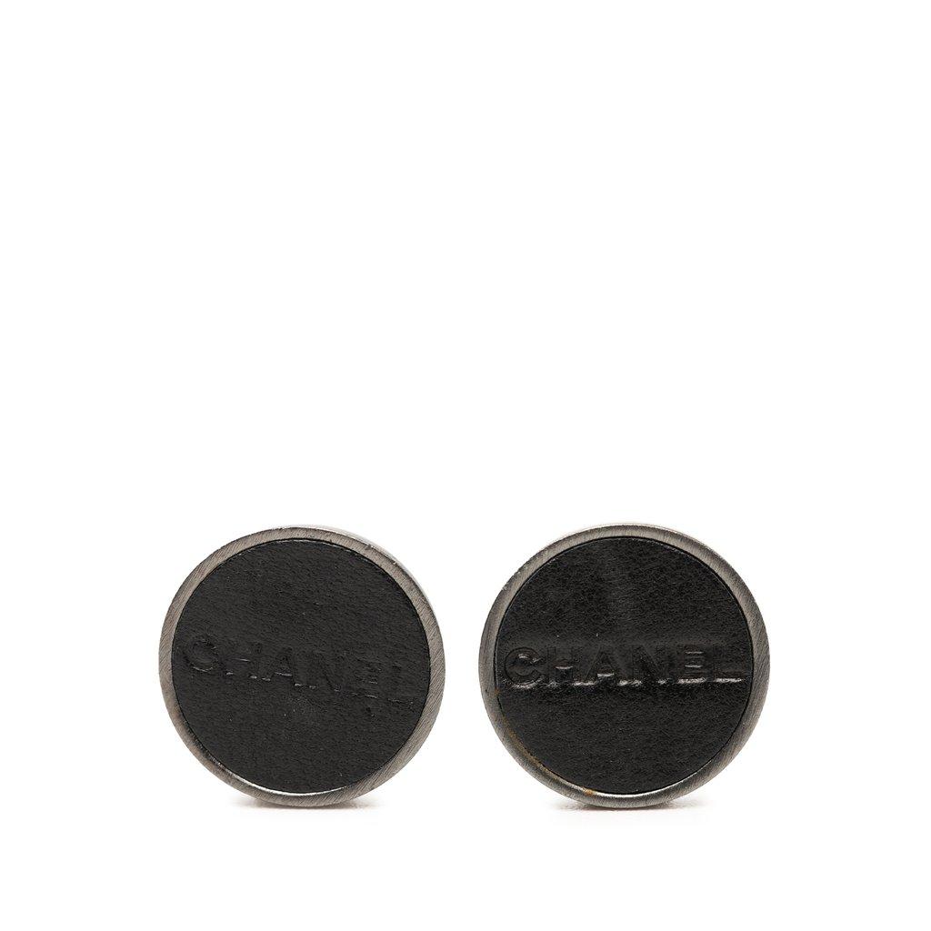 Chanel Brass Leather Logo Clip On Earrings