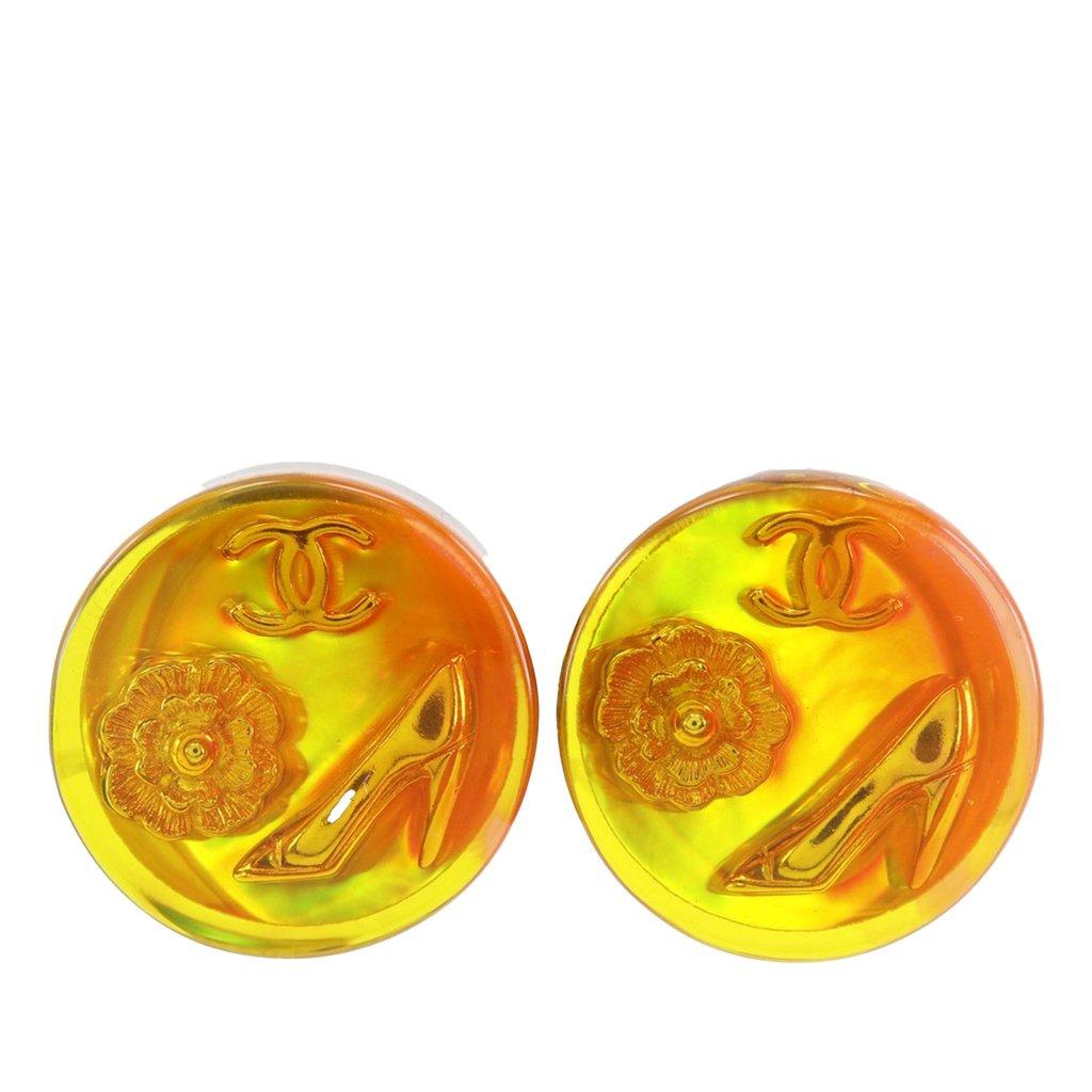 Chanel CC Resin Embedded Camellia Shoe Gold Plated Clip On Earrings