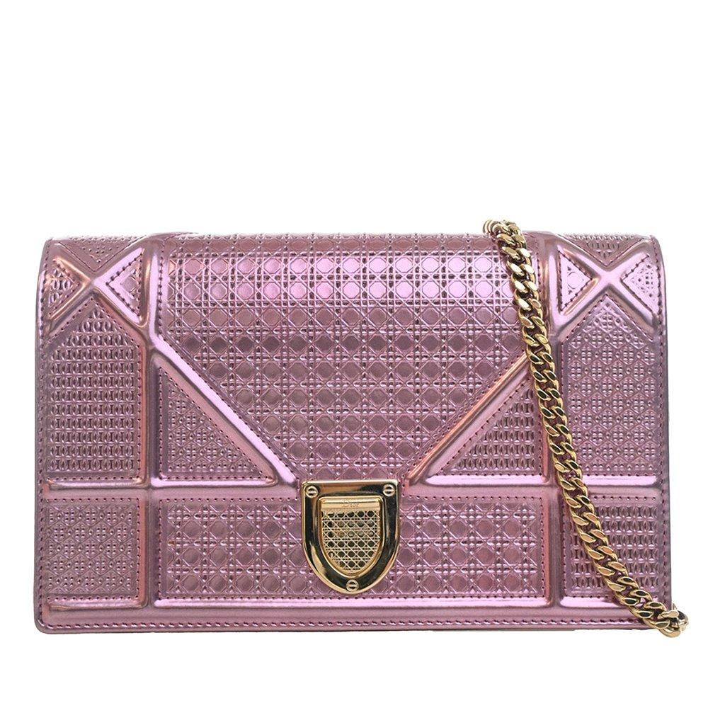 Dior Metallic Patent Microcannage Diorama Wallet on Chain