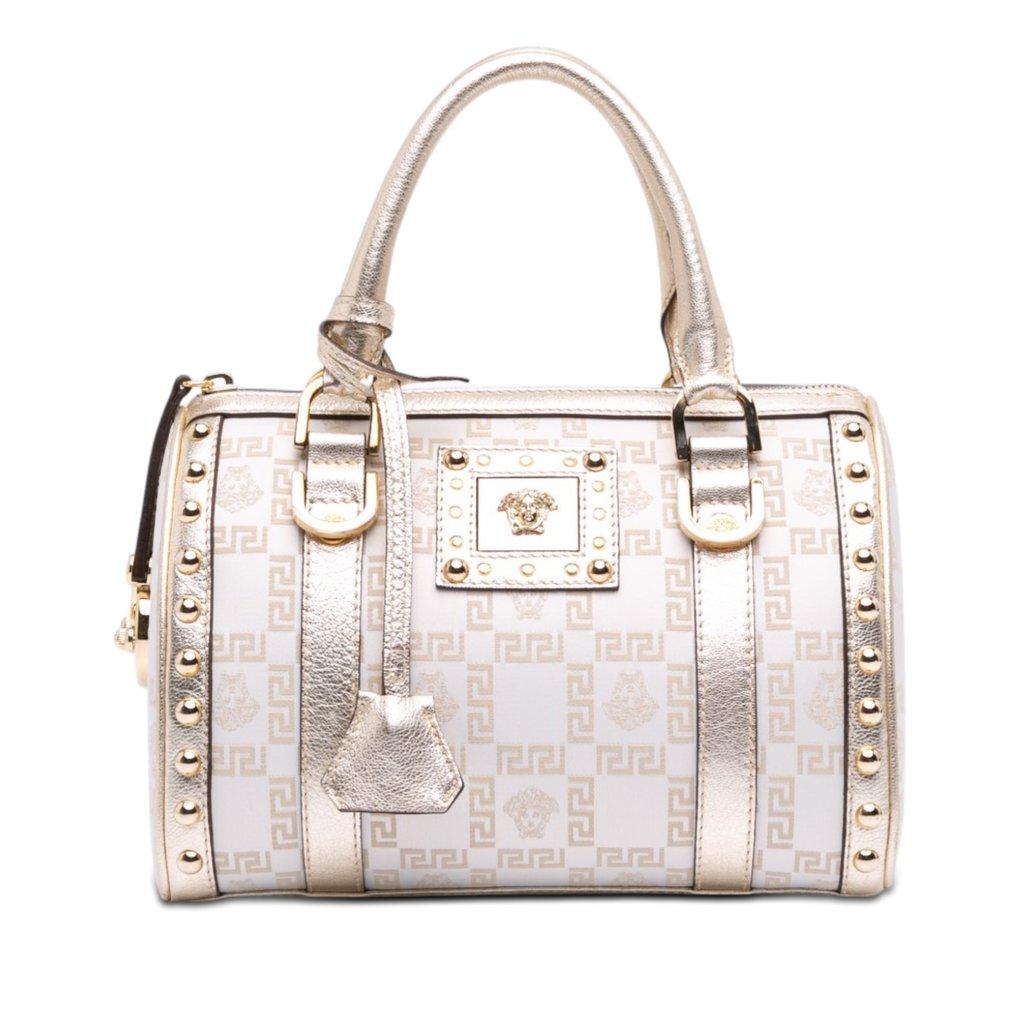 Versace Small Studded Jacquard Snap Out Of It Boston Bag