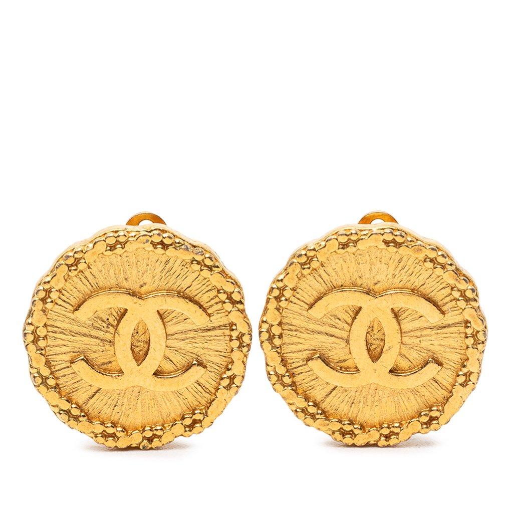 Chanel CC Gold Plated Sunburst Round Clip On Earrings