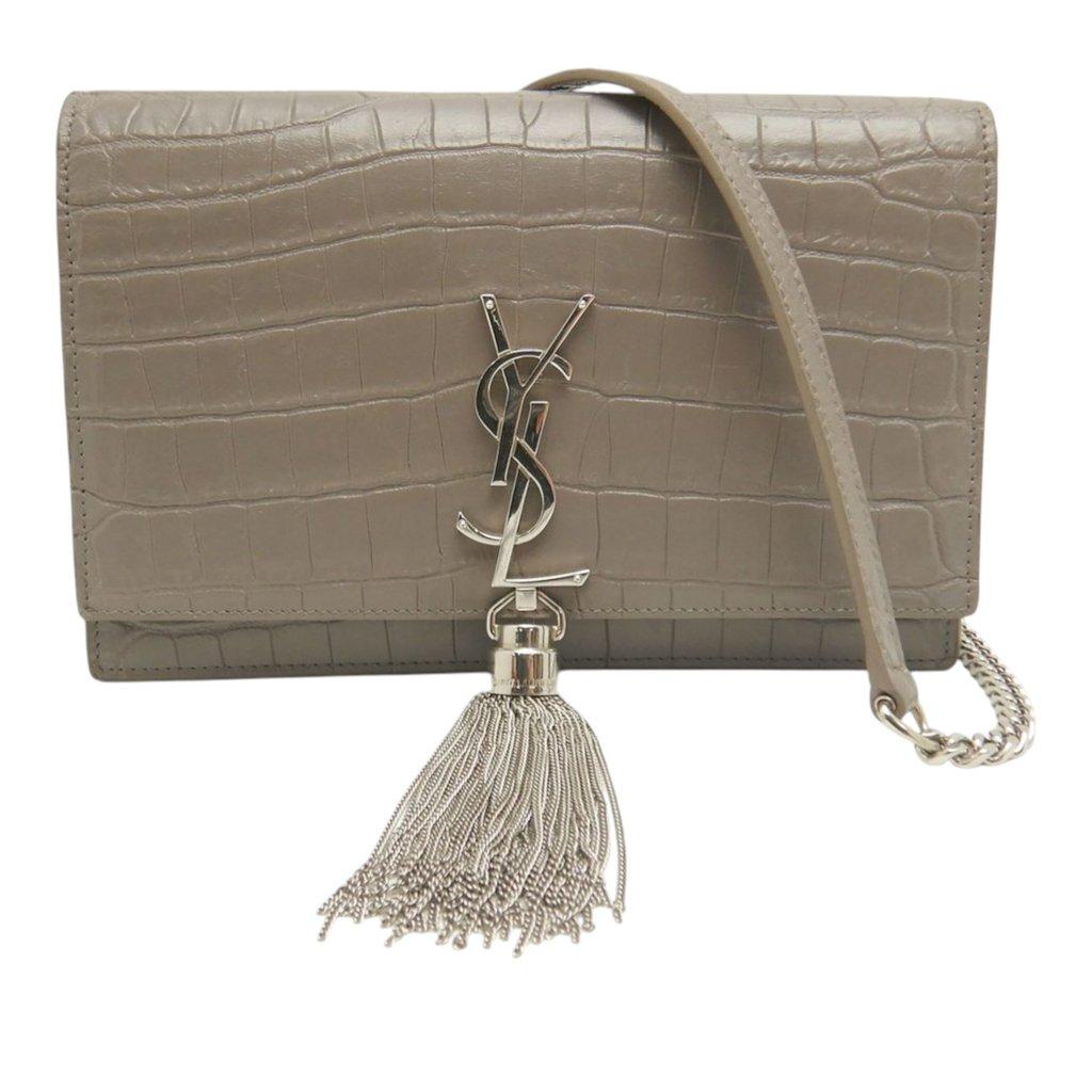 Saint Laurent Small Croc Embossed Leather Monogram Kate Tassel Crossbody