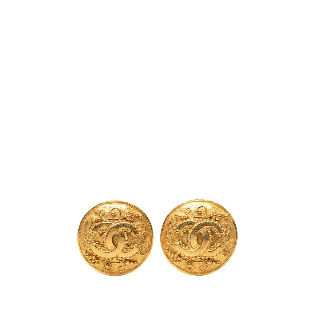 Chanel CC Gold Plated Grapevine Round Clip On Earrings