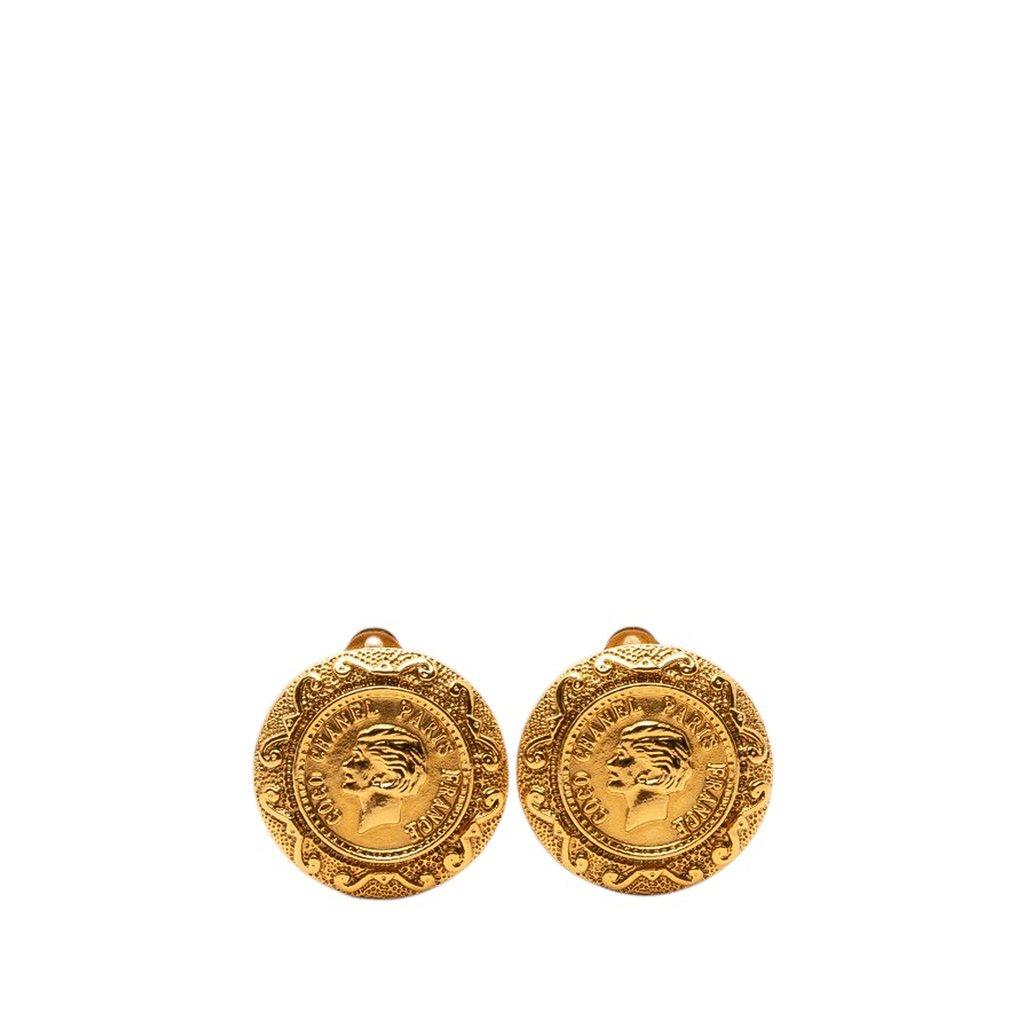 Chanel Gold Plated Coco Profile Round Clip On Earrings