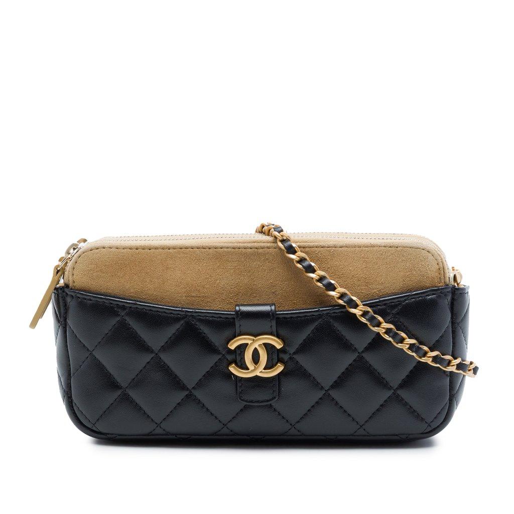 Chanel CC Quilted Lambskin and Suede Double Zip Phone Holder With Chain