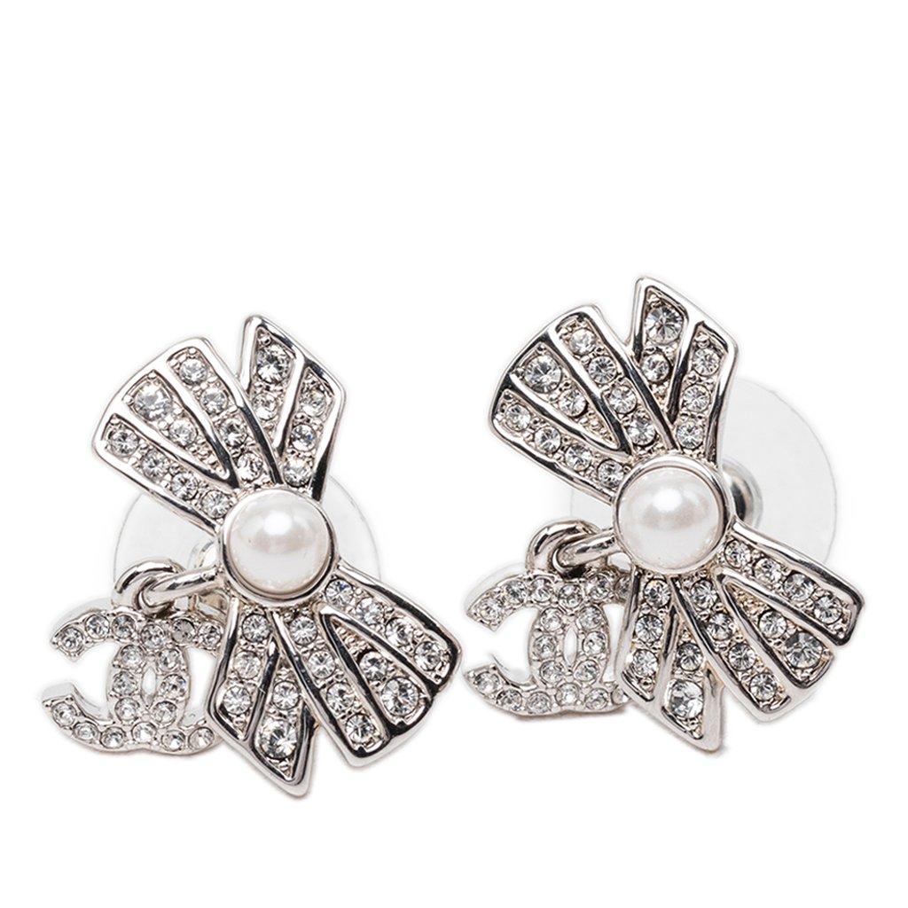Chanel Brass Strass and Faux Pearl Bow CC Drop Bullet Back Earrings