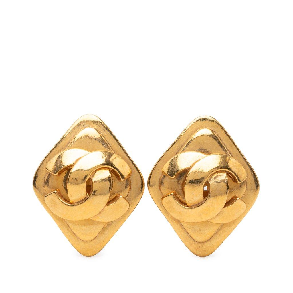 Chanel CC Gold Plated Rhombus Clip On Earrings