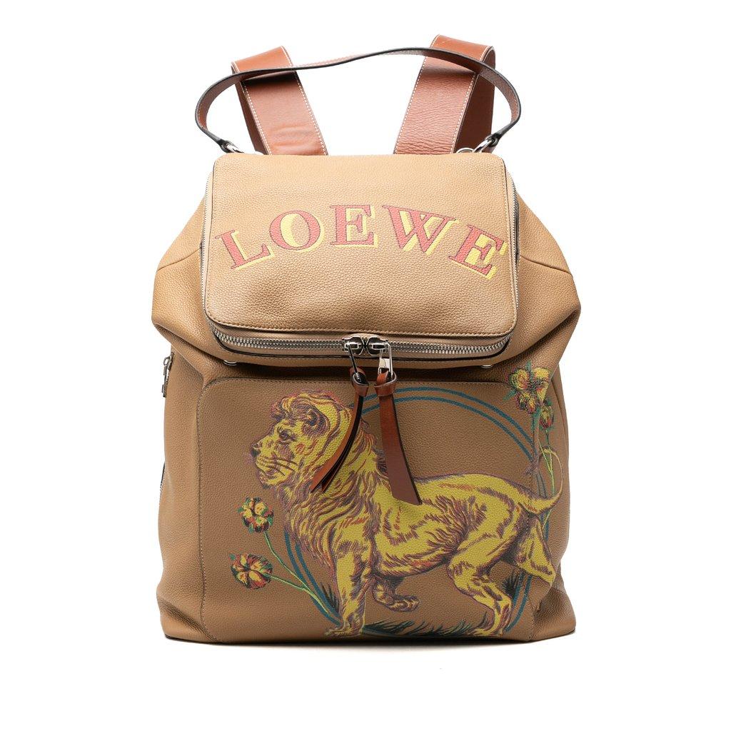 Loewe حقيبة ظهر كبيرة من الجلد من ماركة غويا، طراز إيبيزا، بنقشة أسد وزهور، من بولاس إيبيزا