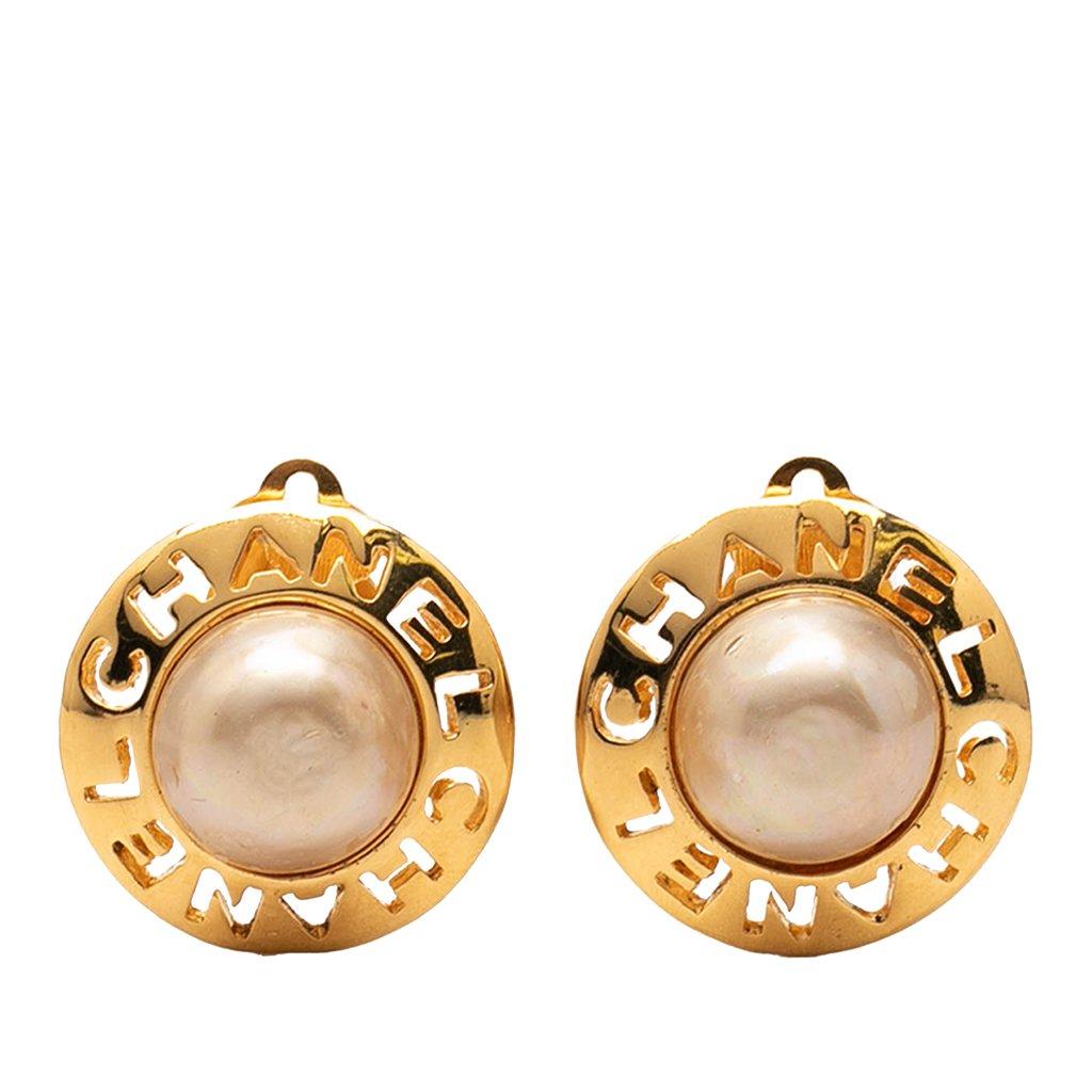 Chanel Gold Plated Faux Pearl Round Clip On Earrings