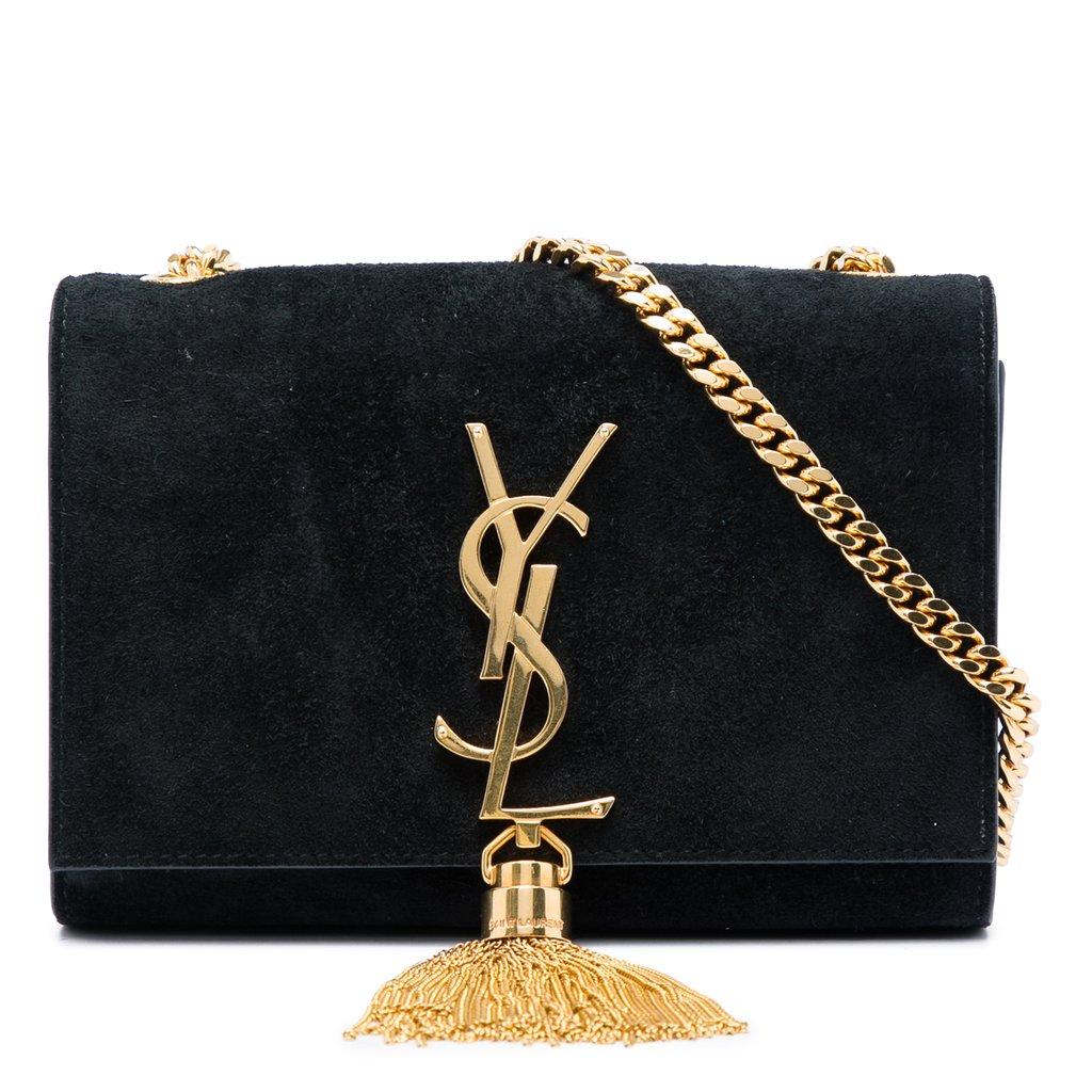 Saint Laurent حقيبة كروس صغيرة من جلد الغزال بنقشة الأحرف الأولى من اسم كيت مع شرابة