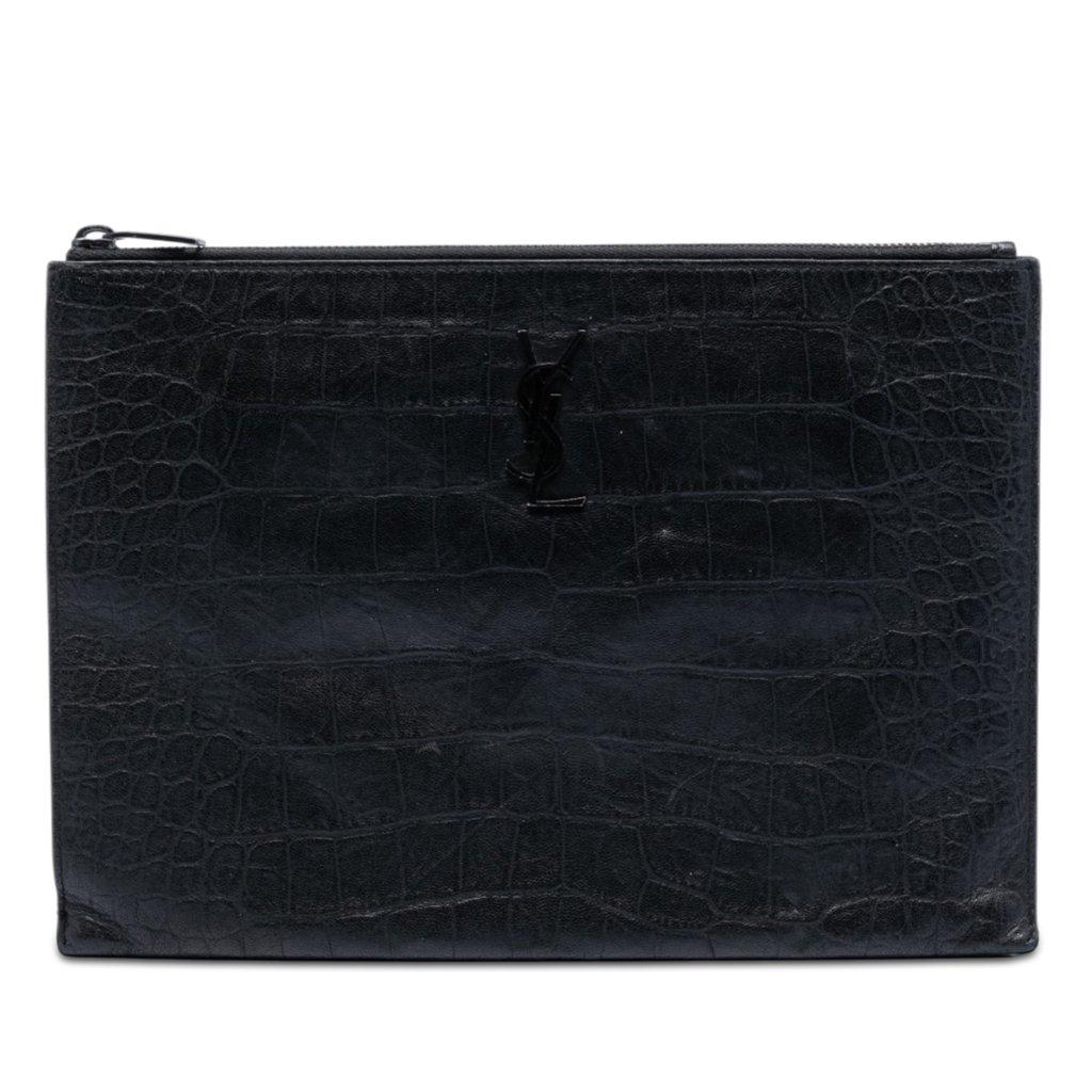 Saint Laurent Croc Embossed Leather Monogram Document Holder