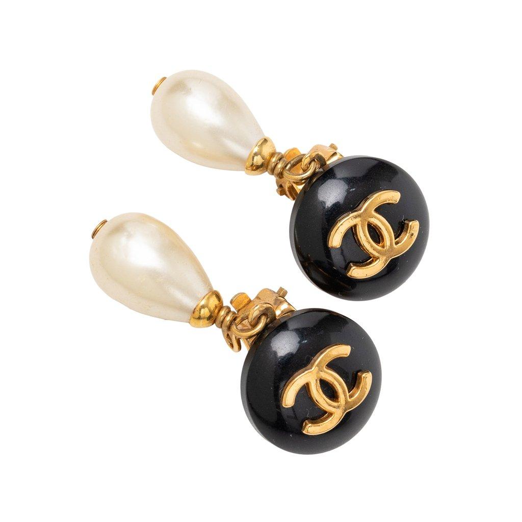 Chanel CC Gold Plated Resin and Faux Pearl Drop Clip On Earrings