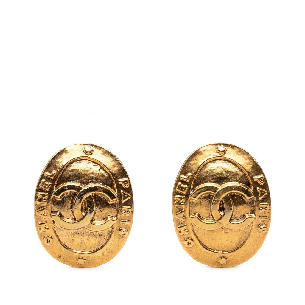 Chanel CC Gold Plated Oval Clip On Earrings