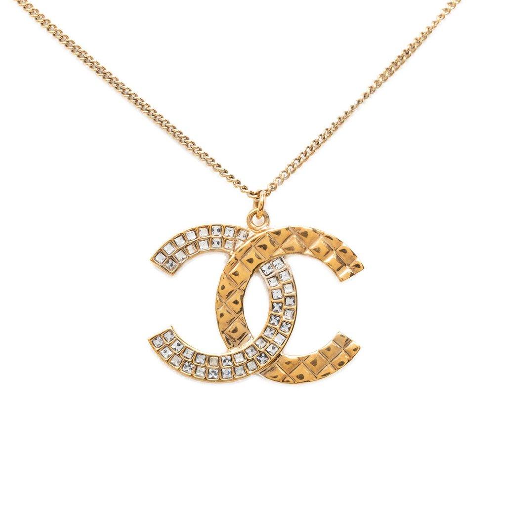Chanel CC Gold Plated Strass Quilted Pendant Necklace