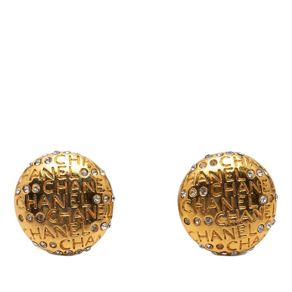 Chanel Gold Plated Strass Logo Lettering Clip On Earrings