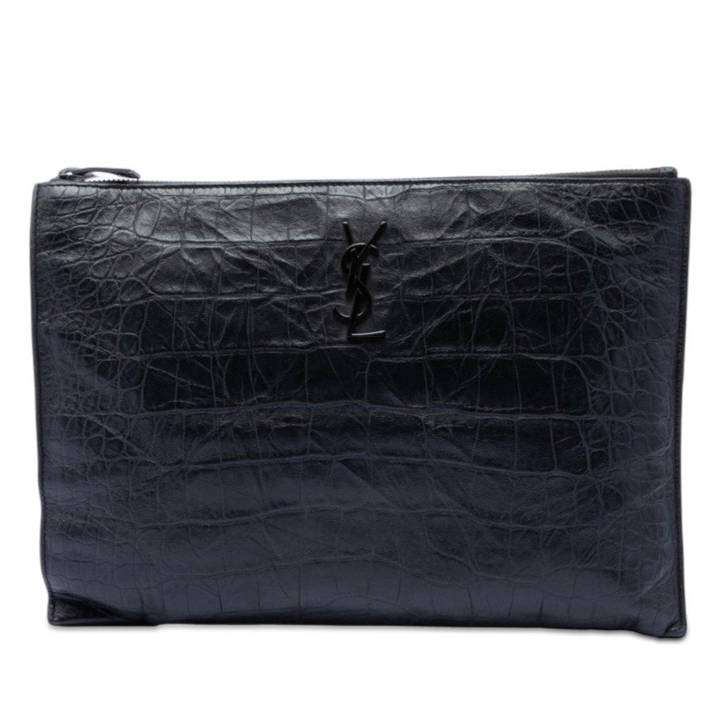 Saint Laurent Croc Embossed Leather Monogram Document Holder