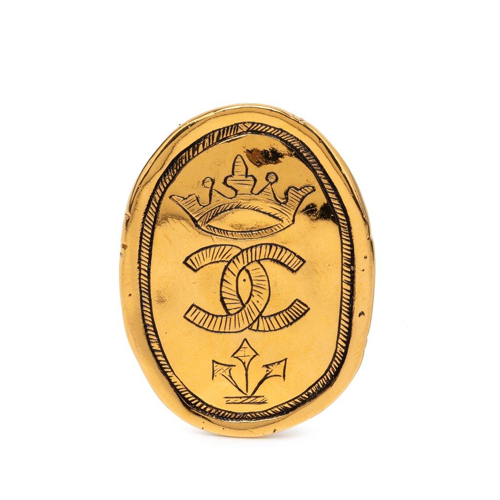 Chanel CC Gold Plated Crown Oval Brooch