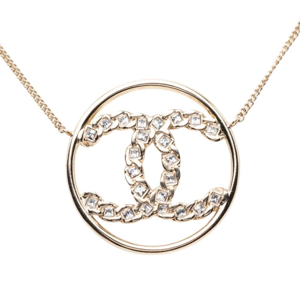 Chanel CC Gold Plated Strass Round Pendant Necklace