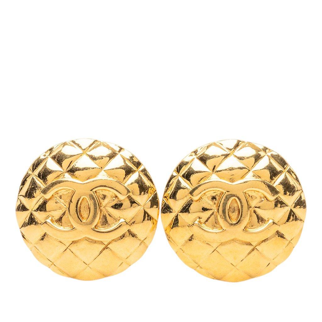 Chanel CC Quilted Gold Plated Round Clip On Earrings