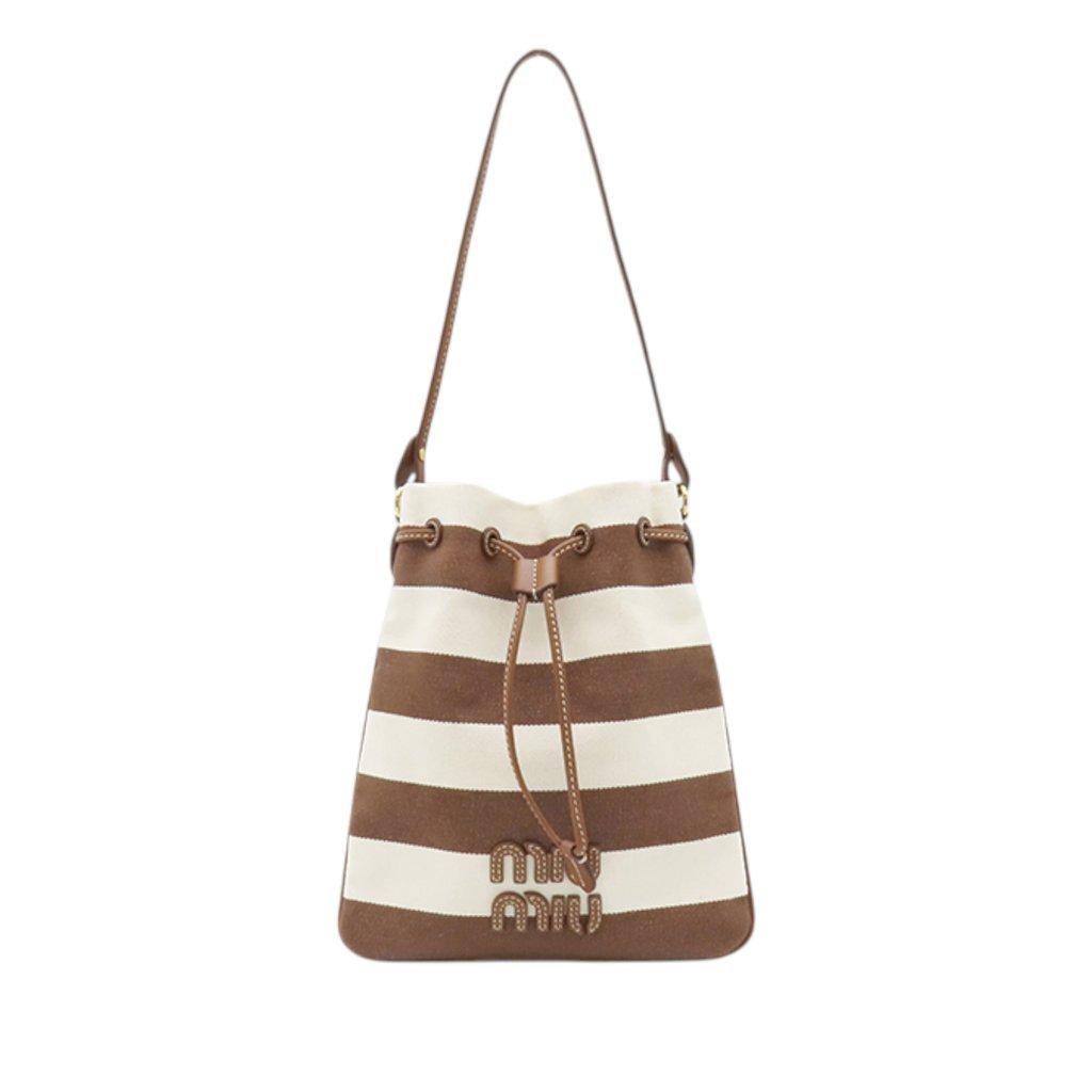 Miu Miu Striped Canvas Logo Drawstring Handbag