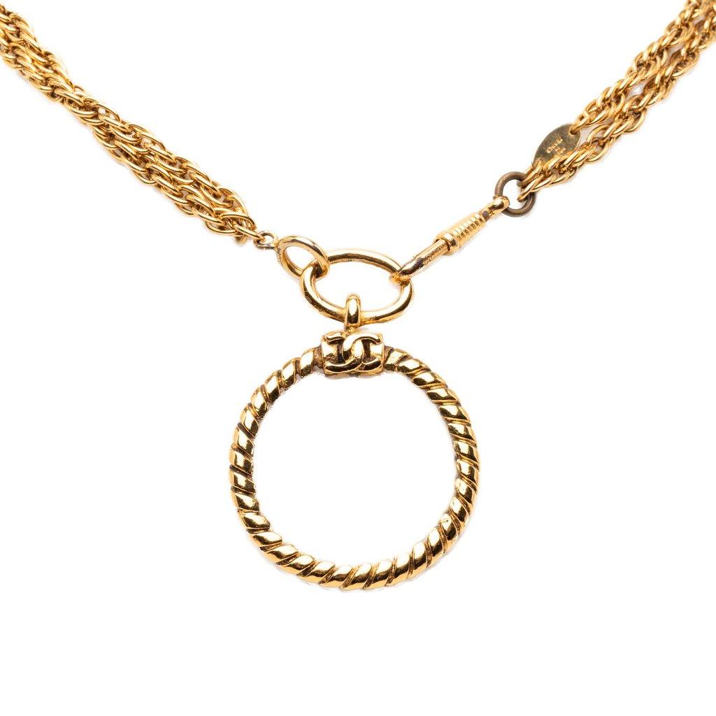 Chanel CC Gold Plated Double Chain Loupe Magnifying Glass Pendant Necklace