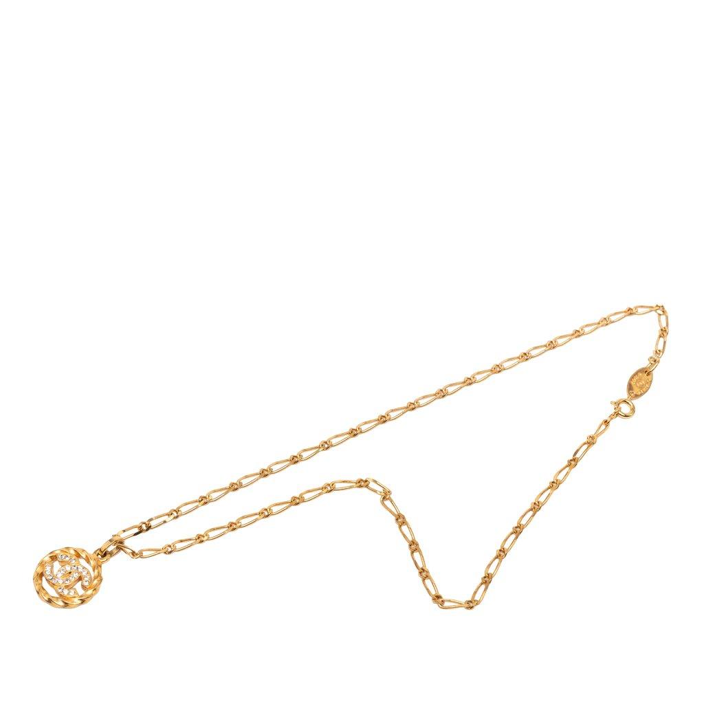 Chanel CC Gold Plated Strass Round Pendant Necklace