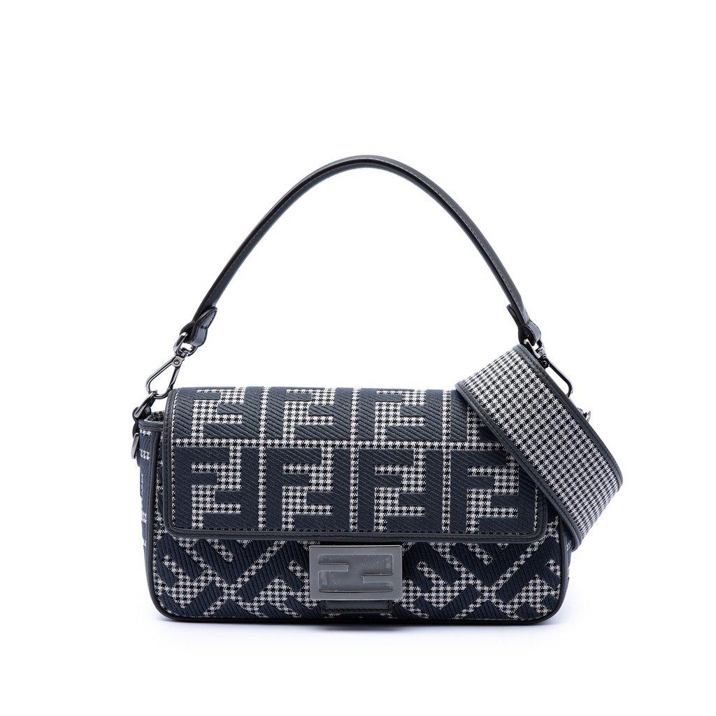 Fendi FF Embroidered Wool Houndstooth Baguette Satchel
