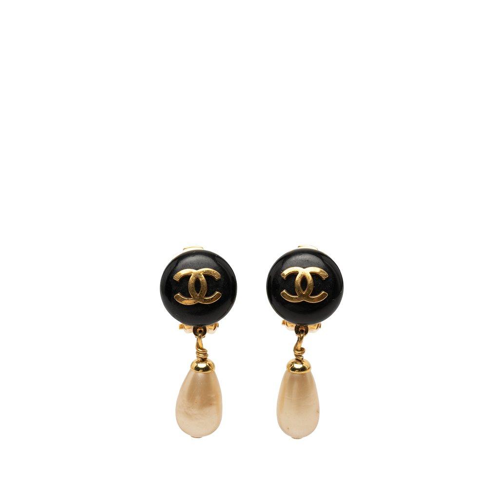 Chanel CC Gold Plated Resin and Faux Pearl Drop Clip On Earrings