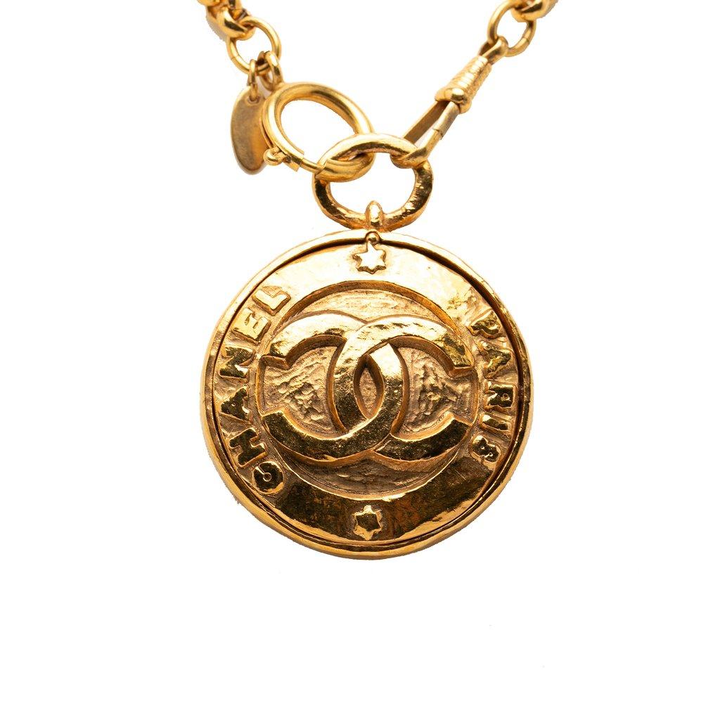 Chanel CC Gold Plated Medallion Mirror Pendant Necklace