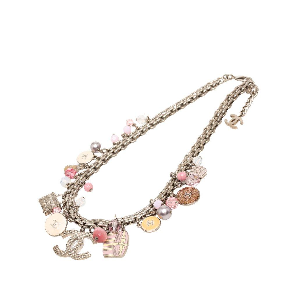 Chanel CC Brass Faux Pearl Resin Enamel Charms Necklace